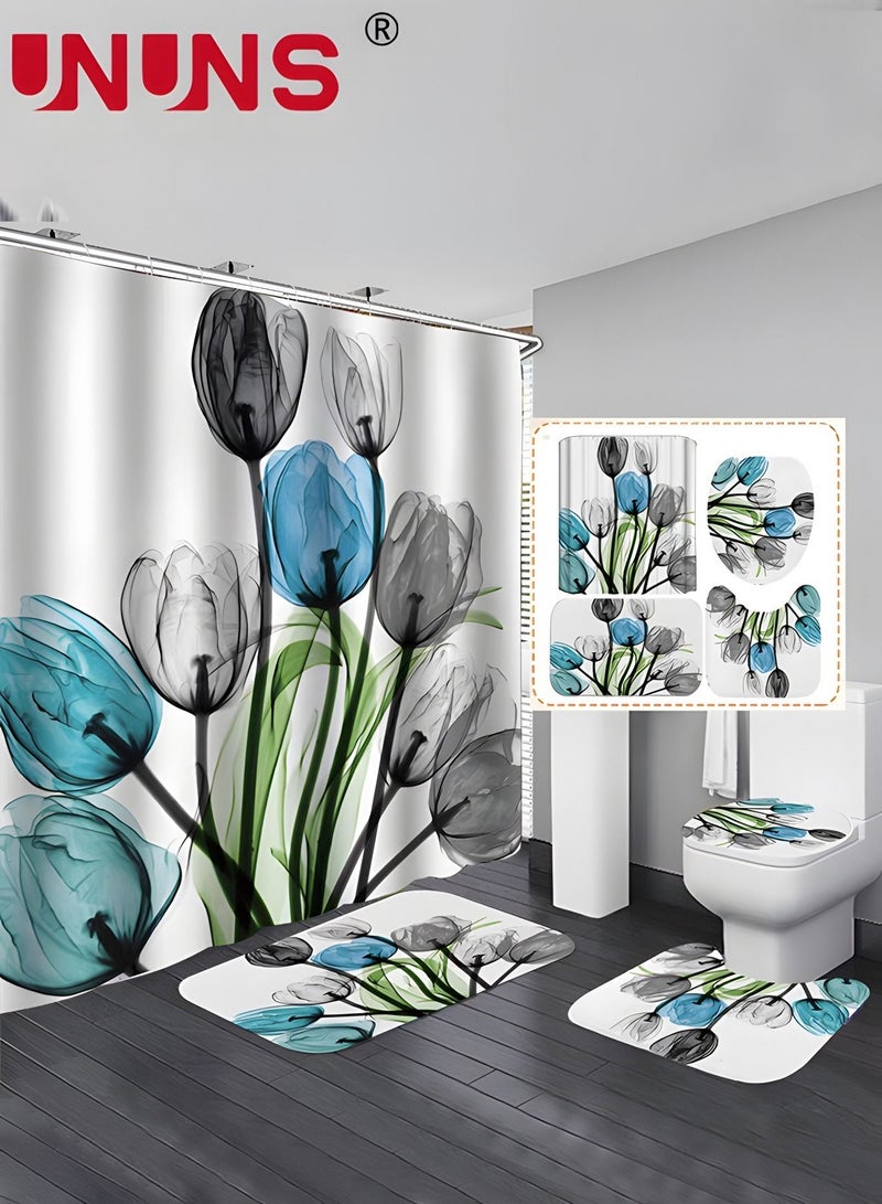 4PCS Printed Shower Curtain Set with Non-Slip Rugs,Toilet Lid Cover And Bath Mat,Durable Waterproof Flora Shower Curtain With 12 Hooks