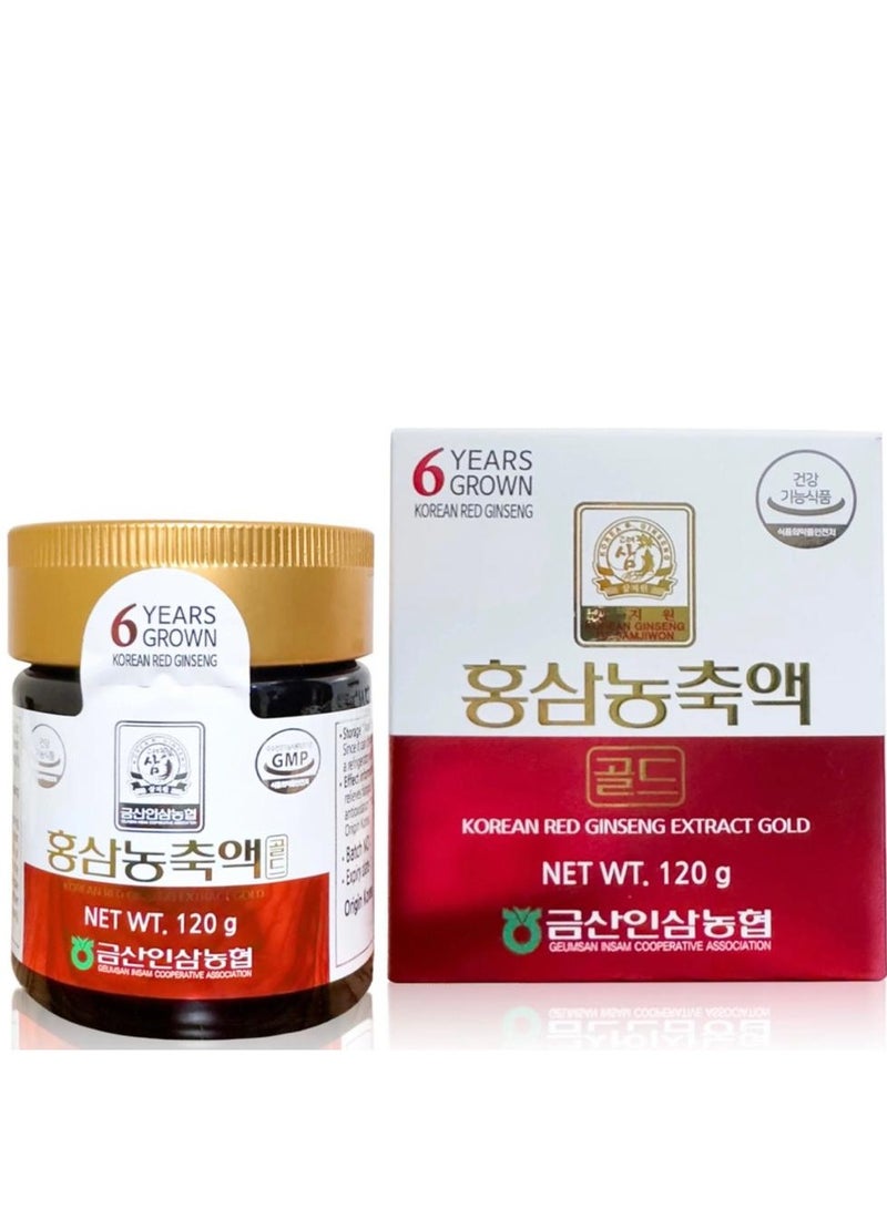 Korean 100% Pure Red Ginseng Extract Gold, 6 Years Grown , Enhance level of immunity, relieves fatigue , support cardiovascular health, zero sugar , 120g , 1g per serving  1 to 3 times daily.