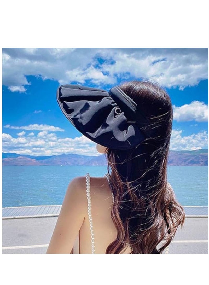Women Sun Hat, Summer Beach Caps Women Hat Wide Brim UV Protection Floppy Brown Roll Up Hat Double-Side-Wear Ponytail Hats Baseball Caps Adjustable Cap
