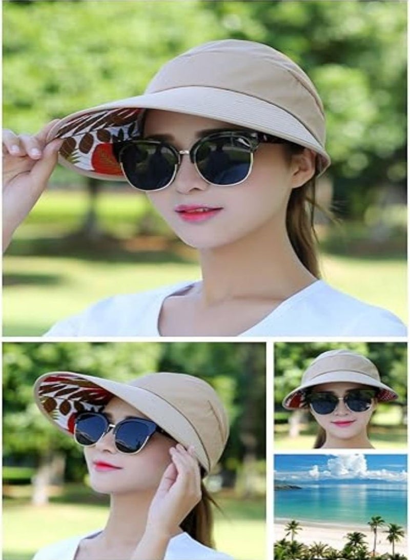 Women Sun Hat Summer Beach Caps Women Hat Wide Brim UV Protection Floppy Brown Roll Up Hat Double-Side-Wear Ponytail Hats Baseball Caps Adjustable Cap