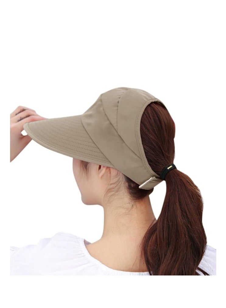 Women Sun Hat Summer Beach Caps Women Hat Wide Brim UV Protection Floppy Brown Roll Up Hat Double-Side-Wear Ponytail Hats Baseball Caps Adjustable Cap