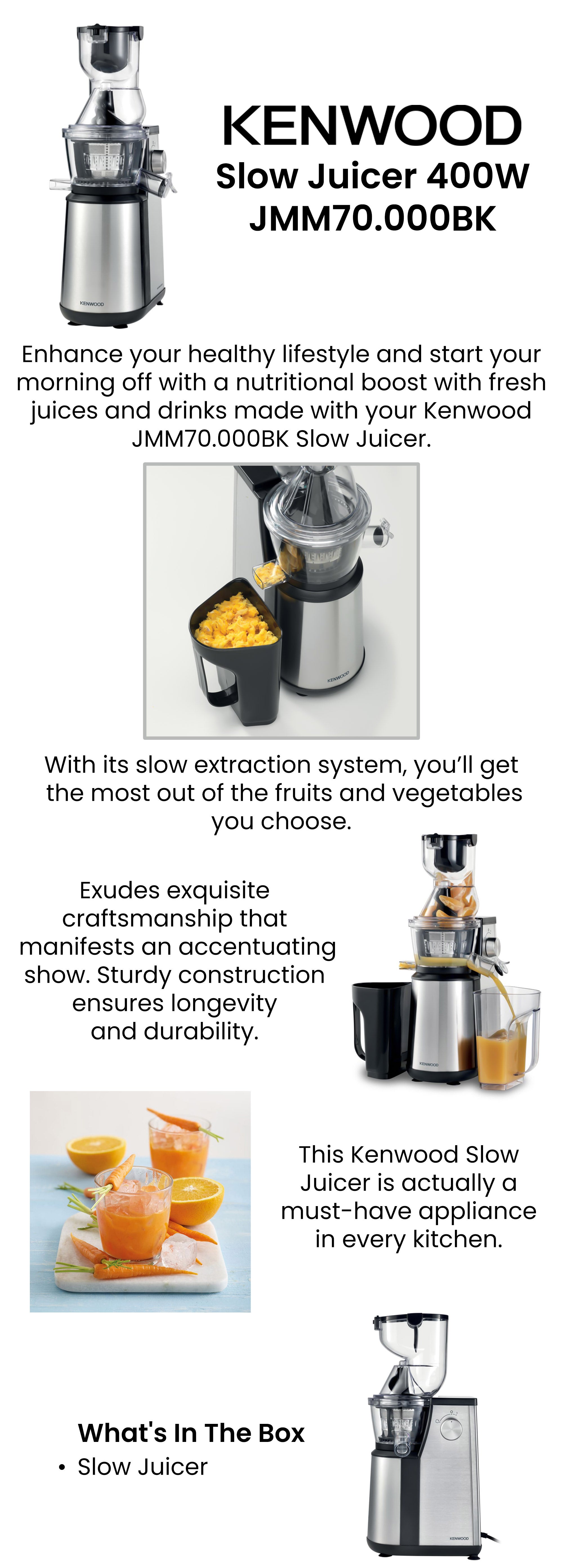 Slow Juicer – 75mm Wide Feed Tube for Whole Fruits, 1L Juice & Pulp Containers, Easy Clean, Maximum Nutrient Extraction 0.8 L 400 W JMM70.000BK Silver