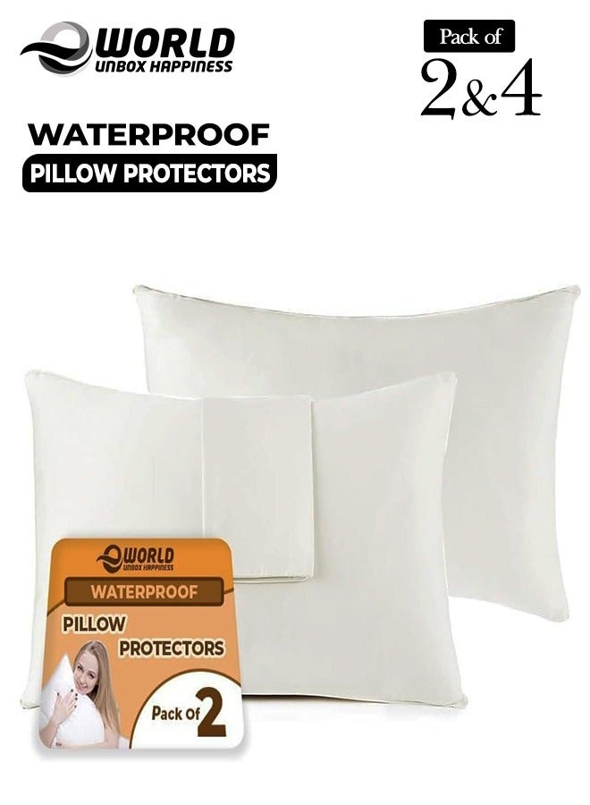 Waterproof White Cotton Pillow Covers with Smooth Zippers, Double Defense Design Featuring High Thread Count and Plain Style Thick Pillowcases for Home, Hotel, and Dormitory in Pack of 2, And 4