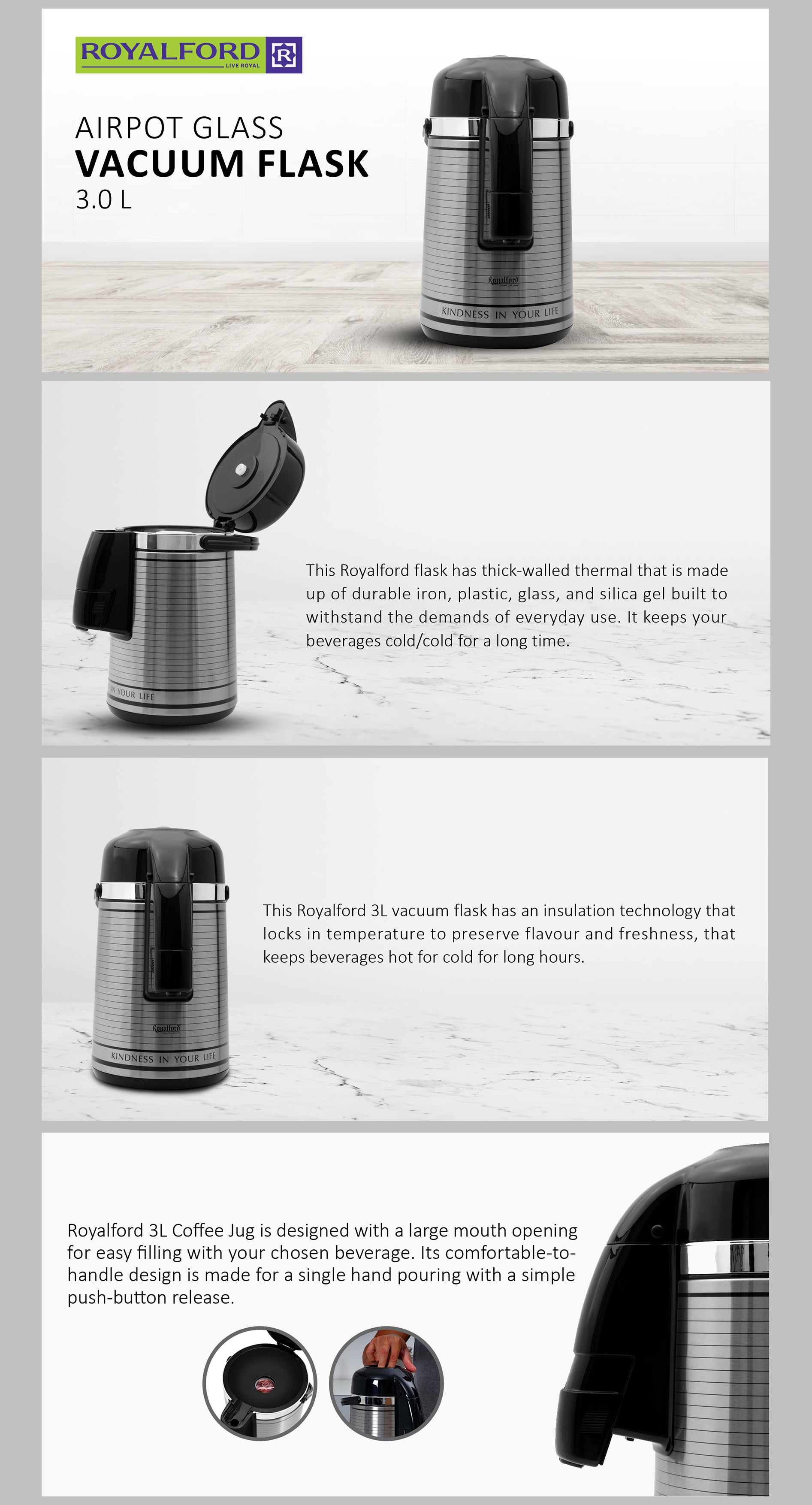 Royalford 3L Glass Vacuum Flask-RF6277| Glass Inner for Hot and Cold Beverages| Comfortable Handle, One Press Switch, Easy to Carry and Safe to Touch| Suitable for Indoor and Outdoor Use| Grey Black/Silver