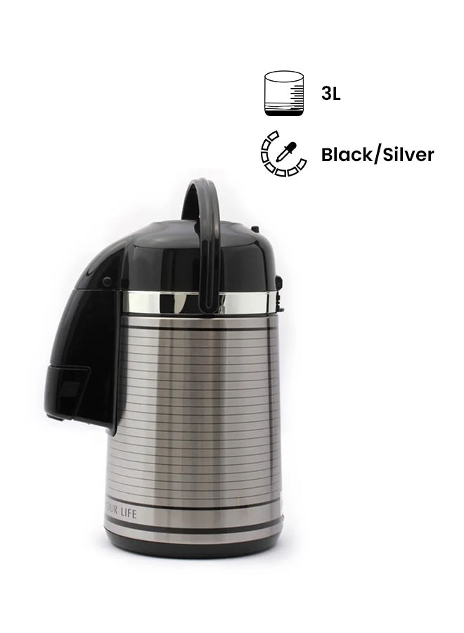Royalford 3L Glass Vacuum Flask-RF6277| Glass Inner for Hot and Cold Beverages| Comfortable Handle, One Press Switch, Easy to Carry and Safe to Touch| Suitable for Indoor and Outdoor Use| Grey Black/Silver