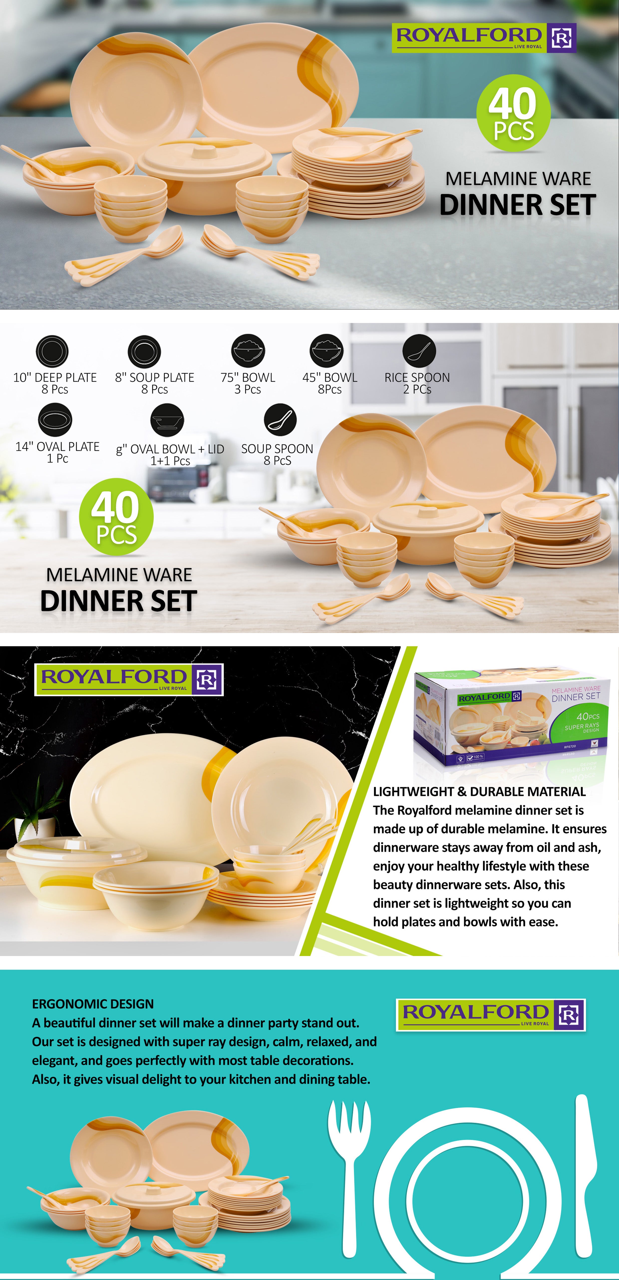 40-Piece Melamlne Printed Dinner Set With 8X25Cm Deep Plates, 8X20Cm Soup Plates, 1X36Cm Oval Plate, 1X23Cm Oval Bowl With Lid, 8Xsoup Spoons, 2Xrice Spoons, Serves 8 For Everyday Use, Yellow Yellow 10inch