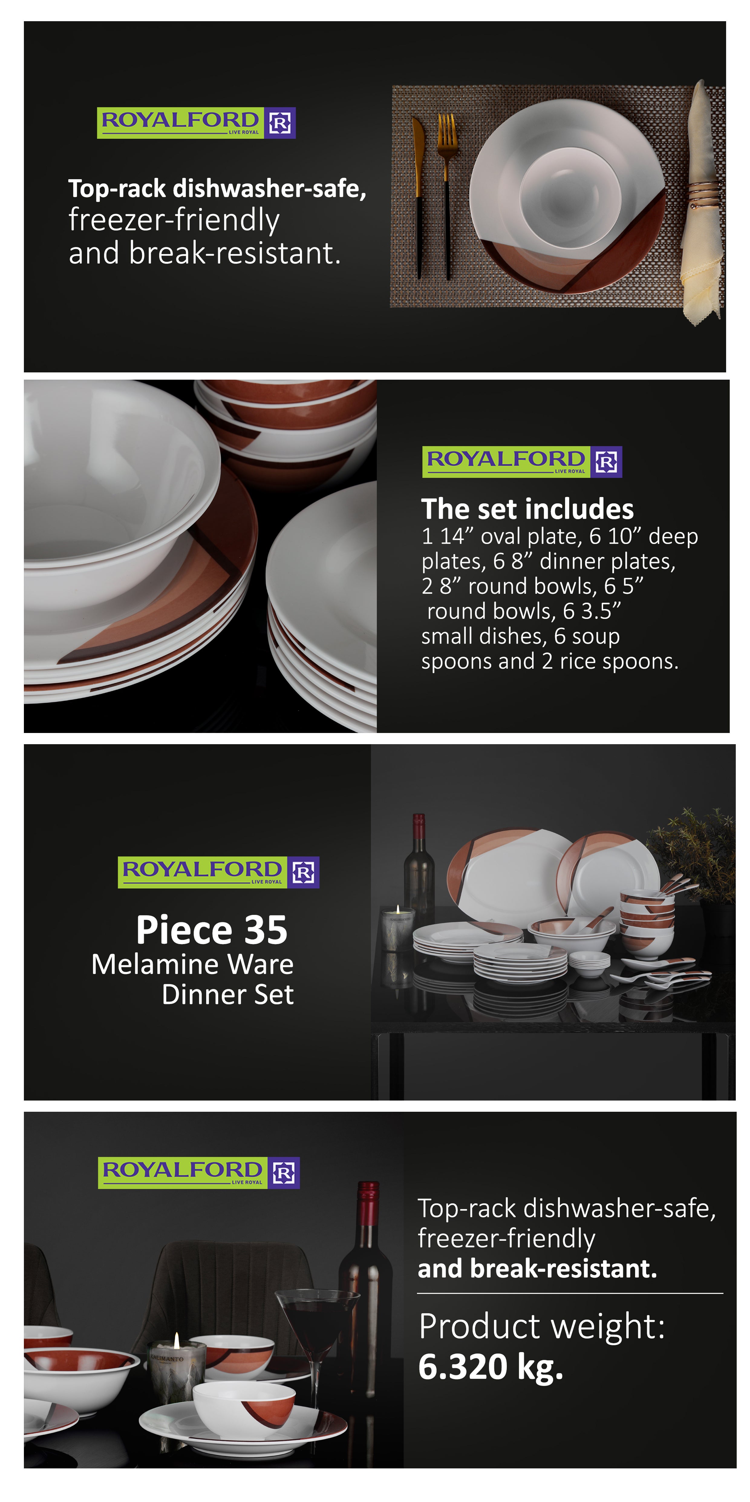 Royalford 35 Piece Melamine Ware Dinner Set| Includes Oval Plate, Deep Plates, Dinner Plates, Round Bowls, Small Dishes, Rice Spoons and Soup Spoons| Top-Rack Dishwasher-Safe and Freezer-Friendly| Eco-Friendly and Food-Grade| Brown and White 39.3x26x20cm