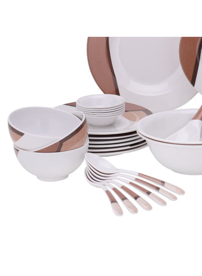Royalford 35 Piece Melamine Ware Dinner Set| Includes Oval Plate, Deep Plates, Dinner Plates, Round Bowls, Small Dishes, Rice Spoons and Soup Spoons| Top-Rack Dishwasher-Safe and Freezer-Friendly| Eco-Friendly and Food-Grade| Brown and White 39.3x26x20cm