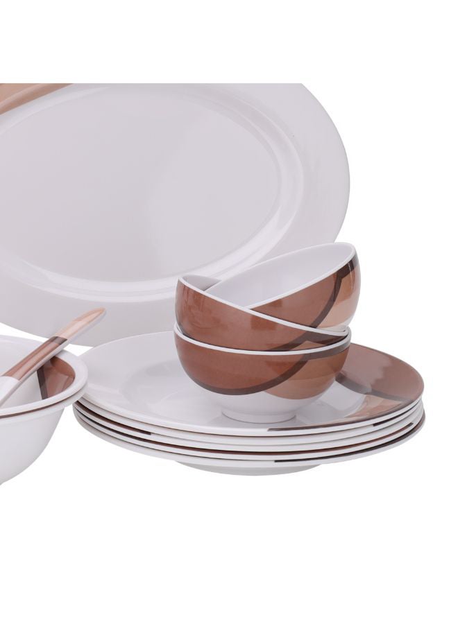 Royalford 35 Piece Melamine Ware Dinner Set| Includes Oval Plate, Deep Plates, Dinner Plates, Round Bowls, Small Dishes, Rice Spoons and Soup Spoons| Top-Rack Dishwasher-Safe and Freezer-Friendly| Eco-Friendly and Food-Grade| Brown and White 39.3x26x20cm