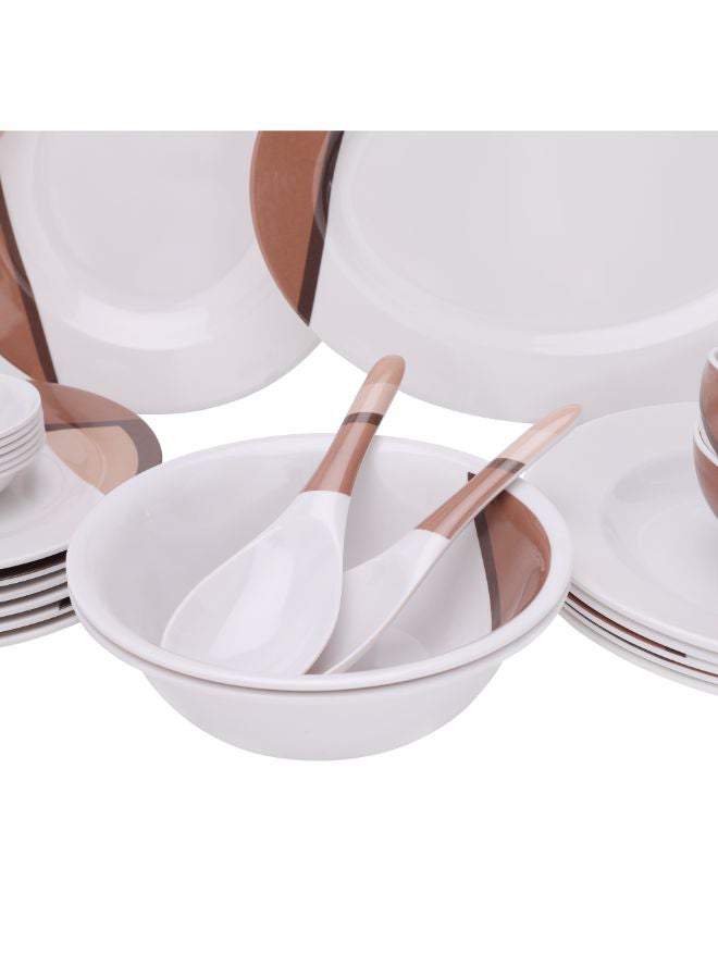 Royalford 35 Piece Melamine Ware Dinner Set| Includes Oval Plate, Deep Plates, Dinner Plates, Round Bowls, Small Dishes, Rice Spoons and Soup Spoons| Top-Rack Dishwasher-Safe and Freezer-Friendly| Eco-Friendly and Food-Grade| Brown and White 39.3x26x20cm