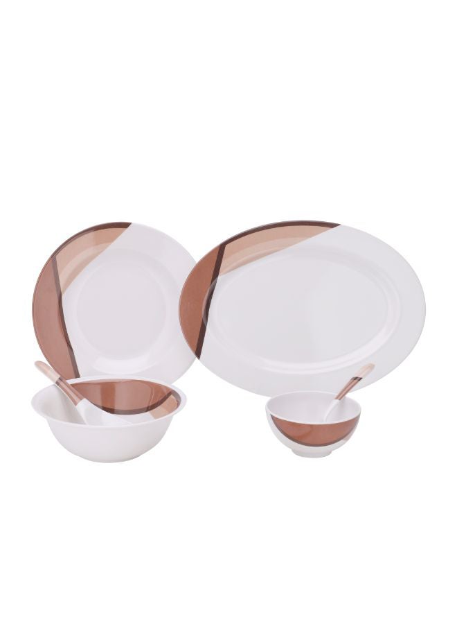 Royalford 35 Piece Melamine Ware Dinner Set| Includes Oval Plate, Deep Plates, Dinner Plates, Round Bowls, Small Dishes, Rice Spoons and Soup Spoons| Top-Rack Dishwasher-Safe and Freezer-Friendly| Eco-Friendly and Food-Grade| Brown and White 39.3x26x20cm