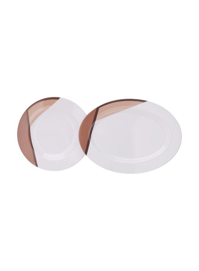 Royalford 35 Piece Melamine Ware Dinner Set| Includes Oval Plate, Deep Plates, Dinner Plates, Round Bowls, Small Dishes, Rice Spoons and Soup Spoons| Top-Rack Dishwasher-Safe and Freezer-Friendly| Eco-Friendly and Food-Grade| Brown and White 39.3x26x20cm