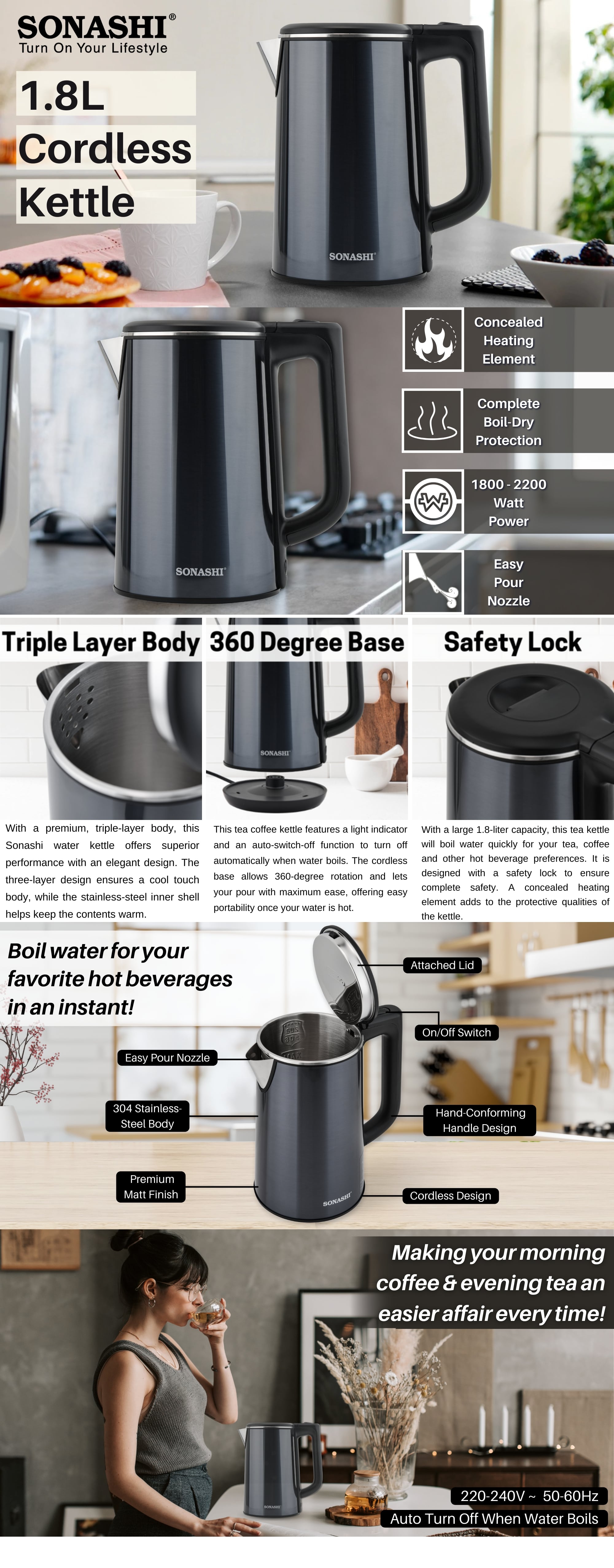 1.8L Cordless Kettle - 304 Stainless Steel Kettle with 3 Layer Cool Touch Body | 360-degree Swivel Base with Auto Shutdown and Power On/Off Indicator Light Feature 1.8 L SKT-1810 Black