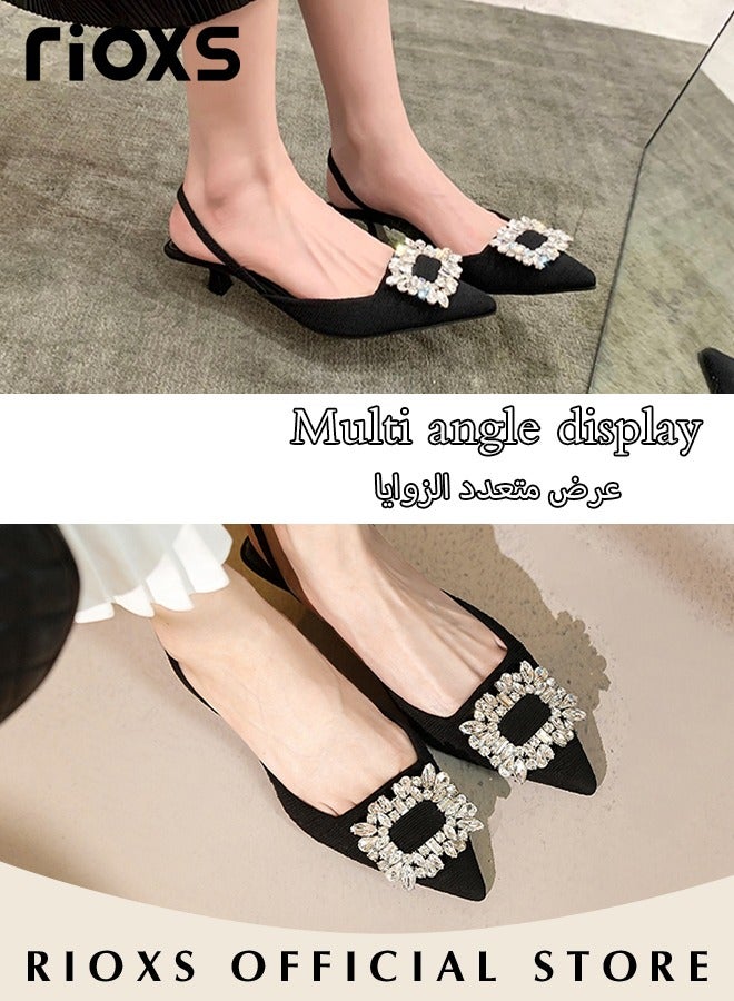 Women's Closed Pointed Toe Slip-On Backless Rhinestones Sandals Stiletto Slides Shoes For Work And Party