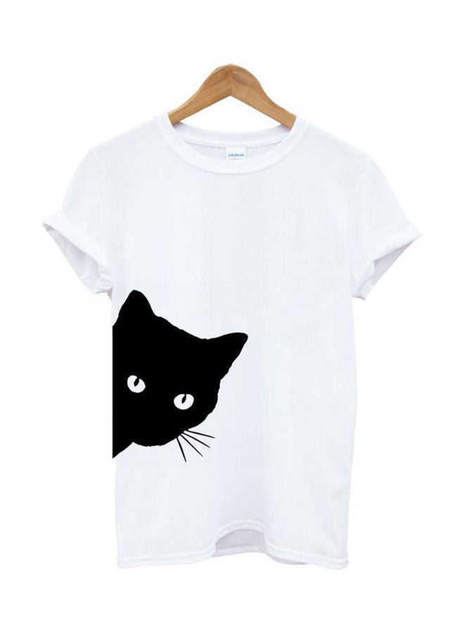 Women Cat Print Short Sleeve T-shirt White
