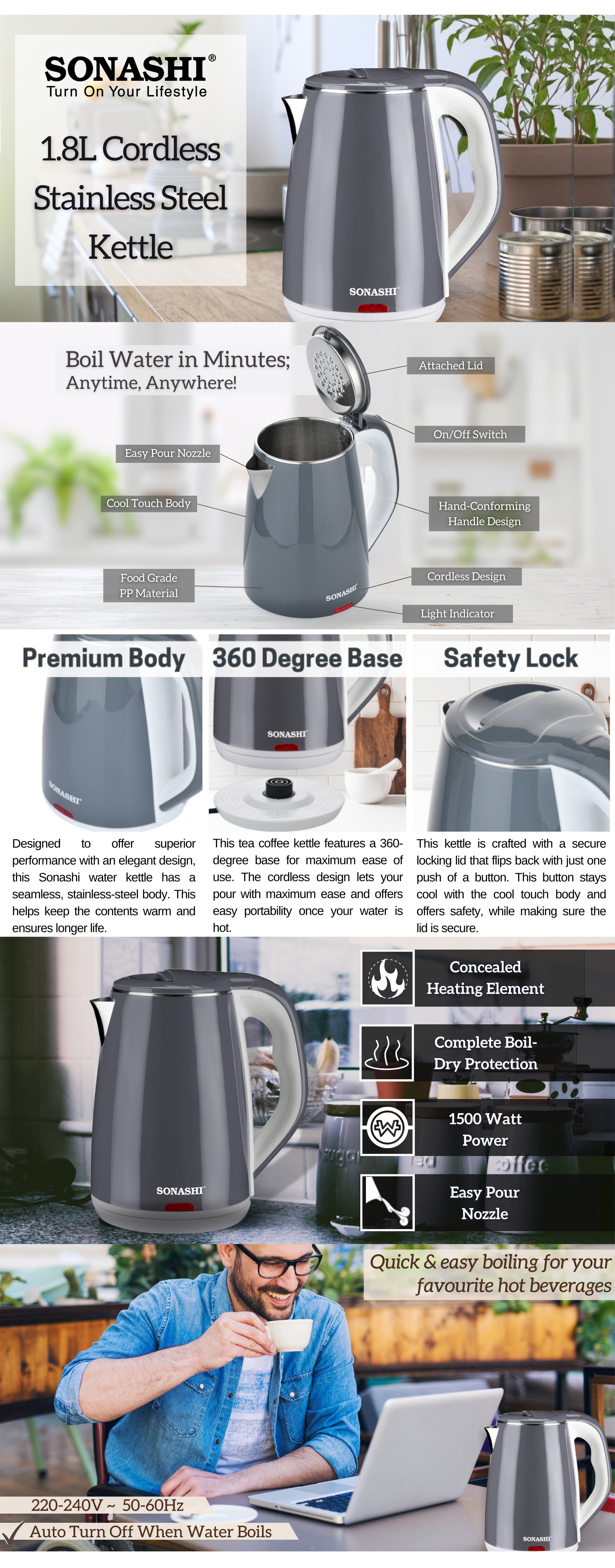 1.8 L Cordless Kettle with Auto Shut OFF Function | Stainless Steel Kettle with 360-Degree Swivel Base and Power On/Off Indicator Light | Instant Water Heater And Tea Maker 1.8 L 1500 W SKT-1811N Grey