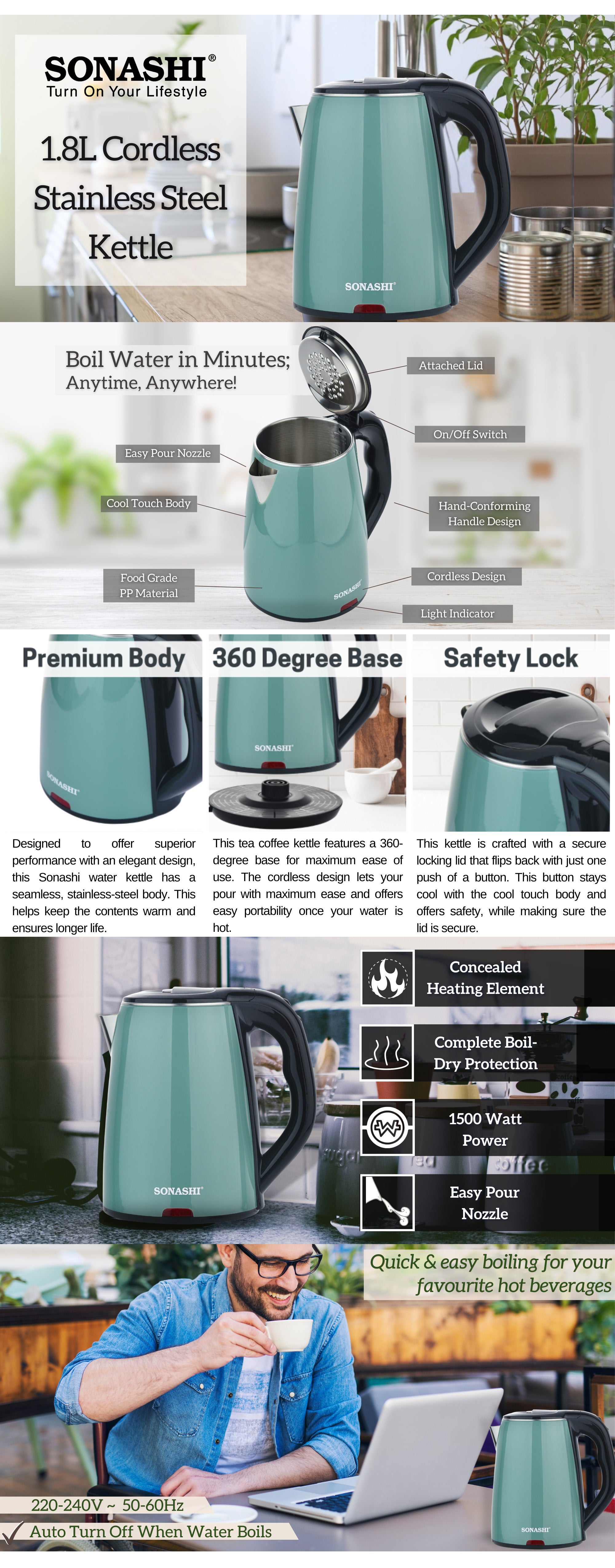 1.8 L Cordless Kettle with Auto Shut OFF Function | Stainless Steel Kettle with 360-Degree Swivel Base and Power On/Off Indicator Light | Instant Water Heater And Tea Maker 1.8 L 1500 W SKT-1811N Green