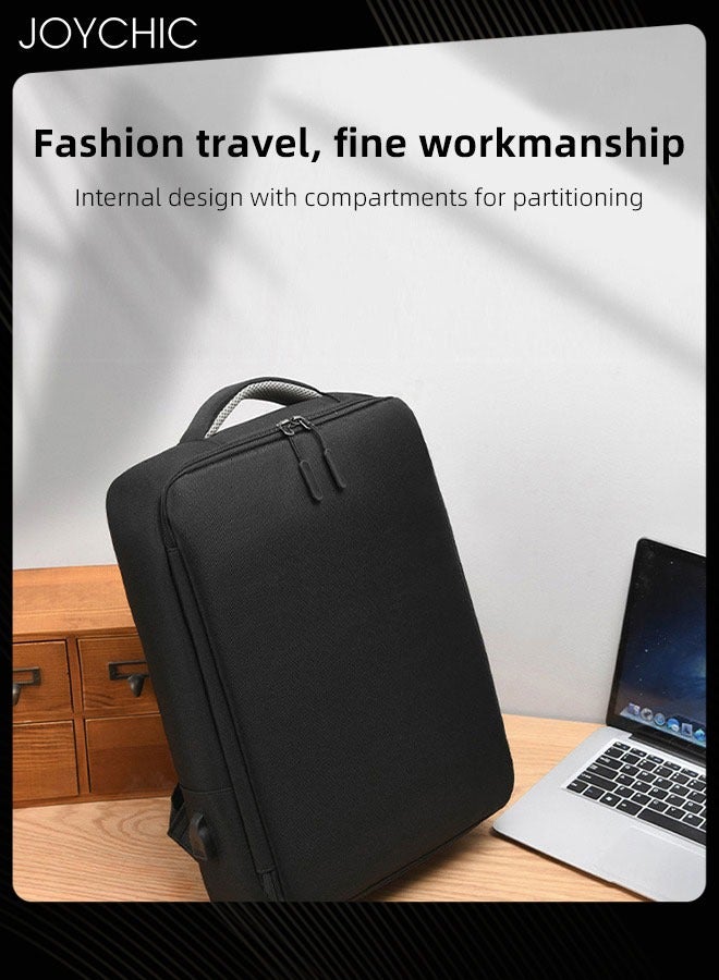 Solid Pattern Casual Waterproof Laptop Tote Bag Large Capacity Full Opening Backpack with USB Charging Port for Men School Office Work Travel Fit 15.6 inch Black