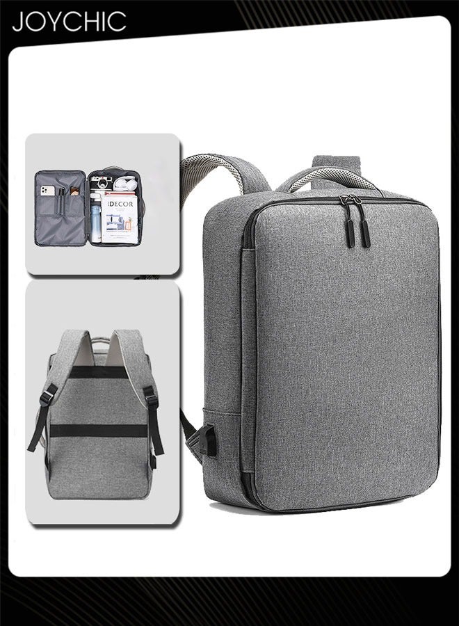 Solid Pattern Casual Laptop Bag Large Capacity Full Opening Computer Backpack with USB Charging Port for Men School Office Work Travel Fit 15.6 inch Grey