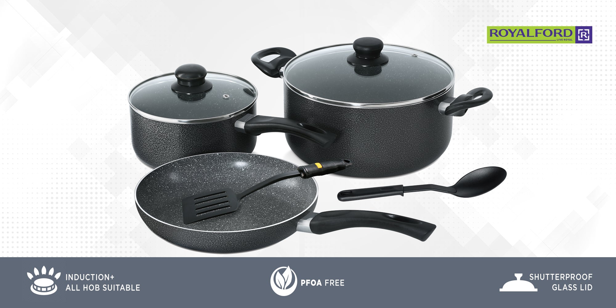 7-Piece Aluminium Marble Coated Cookware Set Black 24x11cm