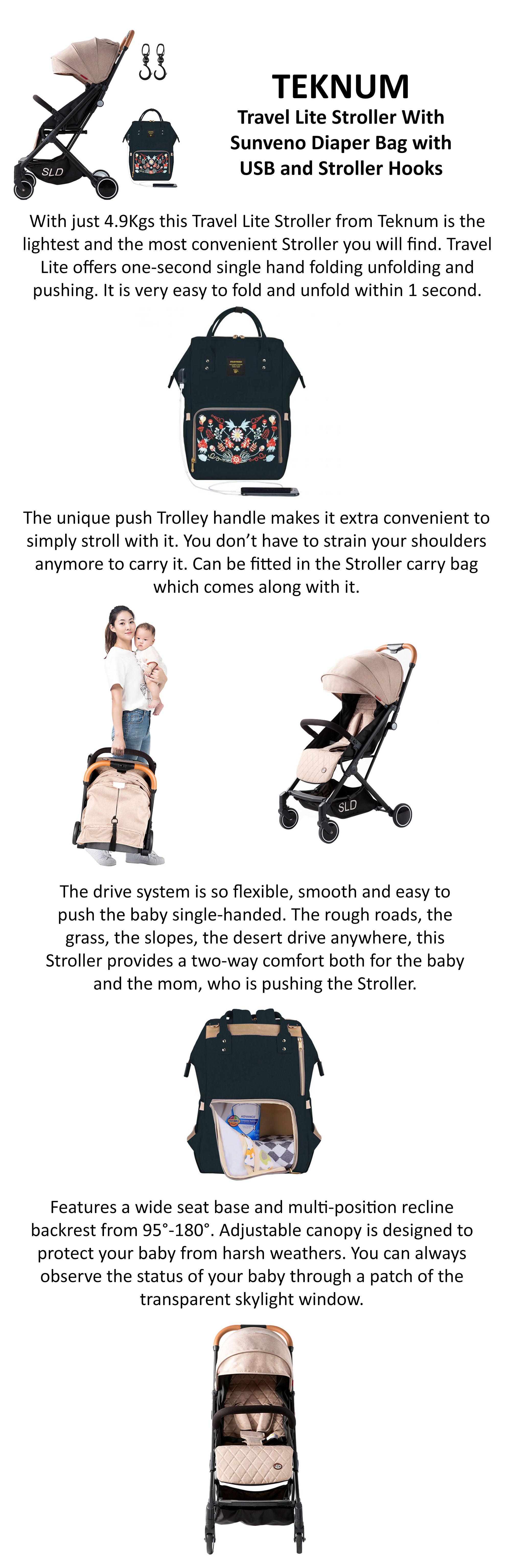 Travel Lite Stroller With Sunveno Diaper Bag With USB Embroidery And Stroller Hooks - Multicolour