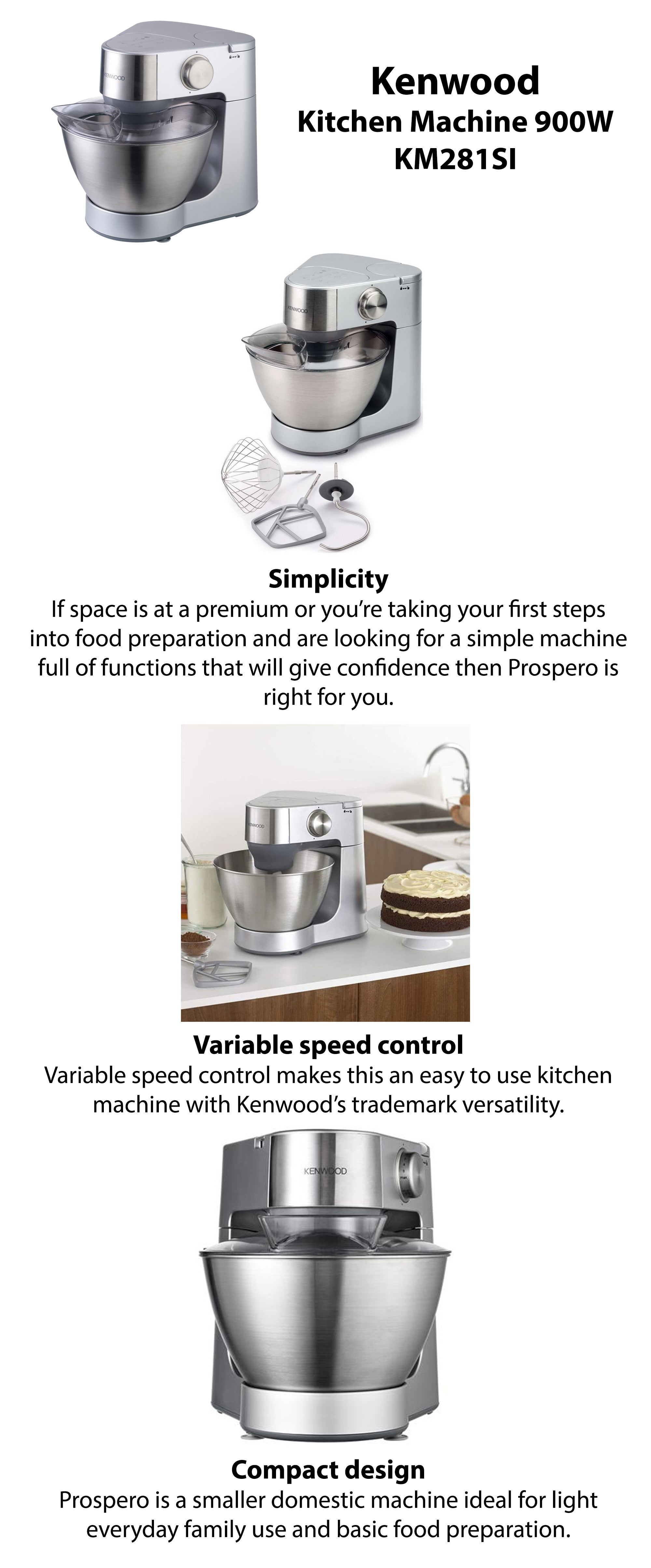 Kenwood Stand Mixer Kitchen Machine Prospero  With  Stainless Steel Bowl, K-Beater, Whisk, Dough Hook, Blender, Meat Grinder 4.3 L 900.0 W KM281SI Grey/Silver