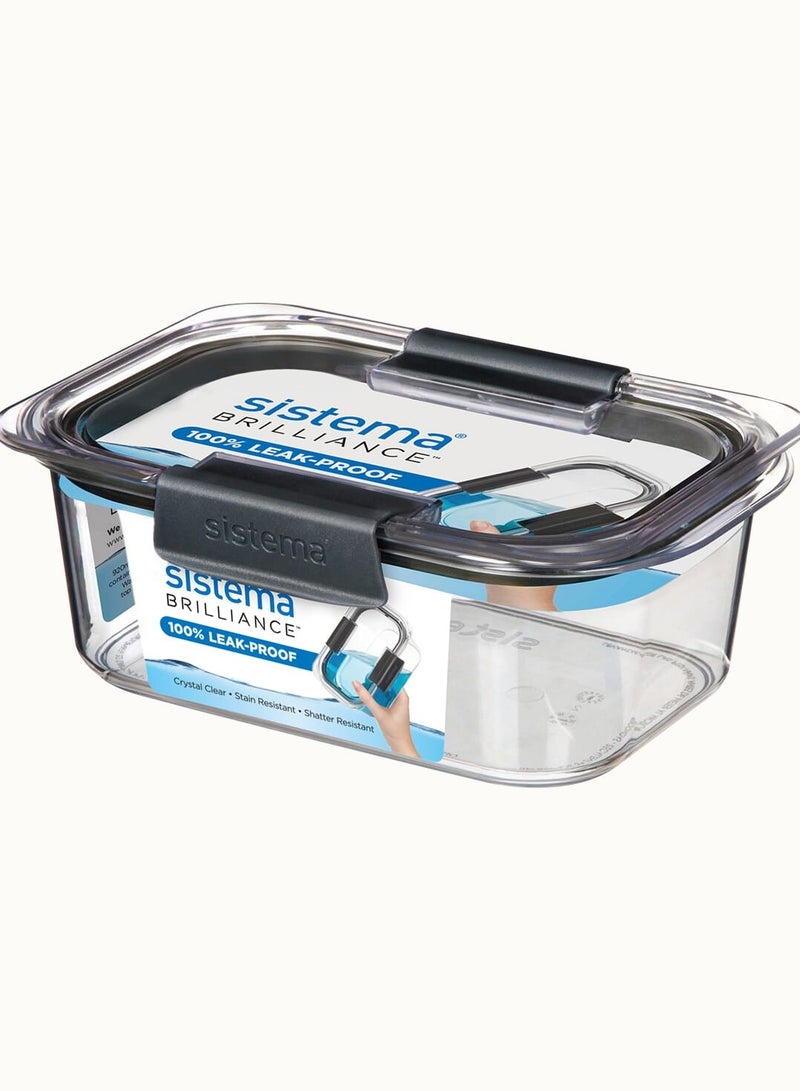Sistema 920ML Brilliance Medium Rectangle stackable food storage, 100% Leak proof, stain resistant, with easy locking clips, Microwave, Dishwasher safe and BPA Free, Clear