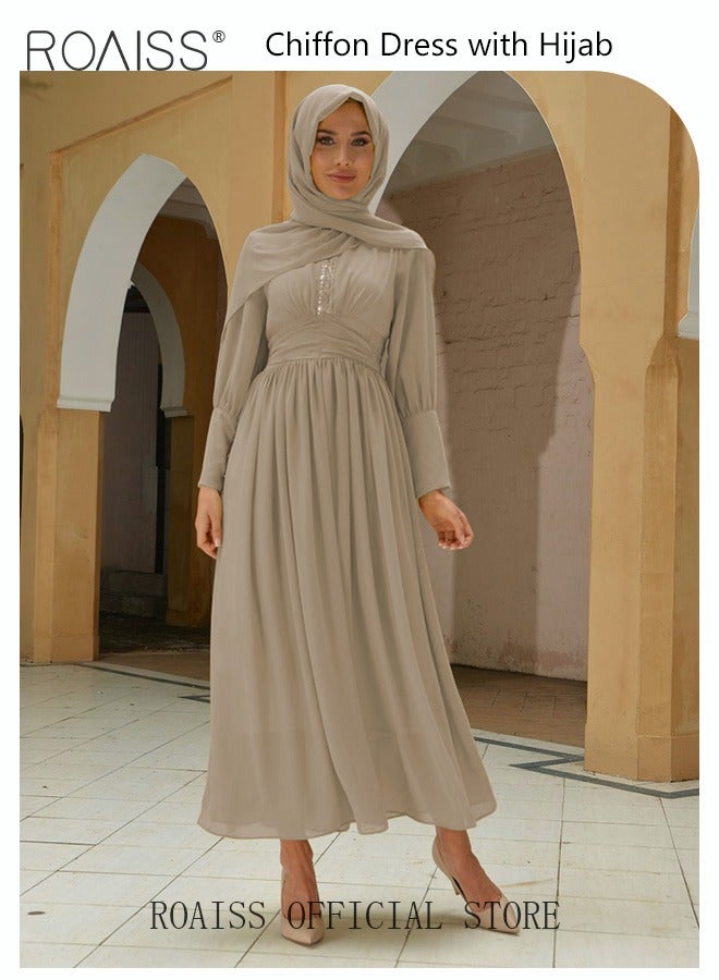 Ladies Dress Solid Color Chiffon Waist Puff Sleeve Long Sleeve Crew Neck High-Rise Abaya Maxi Dress for Ladies Ramadan Eid al-Adha