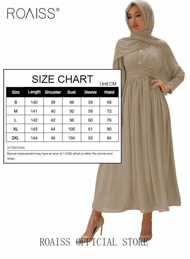 Ladies Dress Solid Color Chiffon Waist Puff Sleeve Long Sleeve Crew Neck High-Rise Abaya Maxi Dress for Ladies Ramadan Eid al-Adha