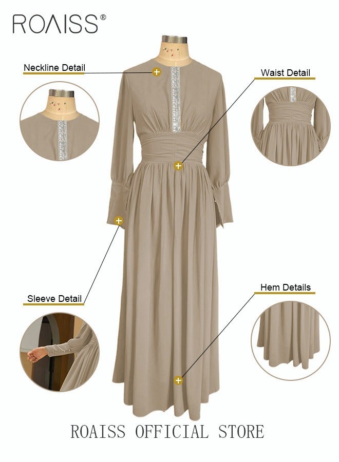 Ladies Dress Solid Color Chiffon Waist Puff Sleeve Long Sleeve Crew Neck High-Rise Abaya Maxi Dress for Ladies Ramadan Eid al-Adha