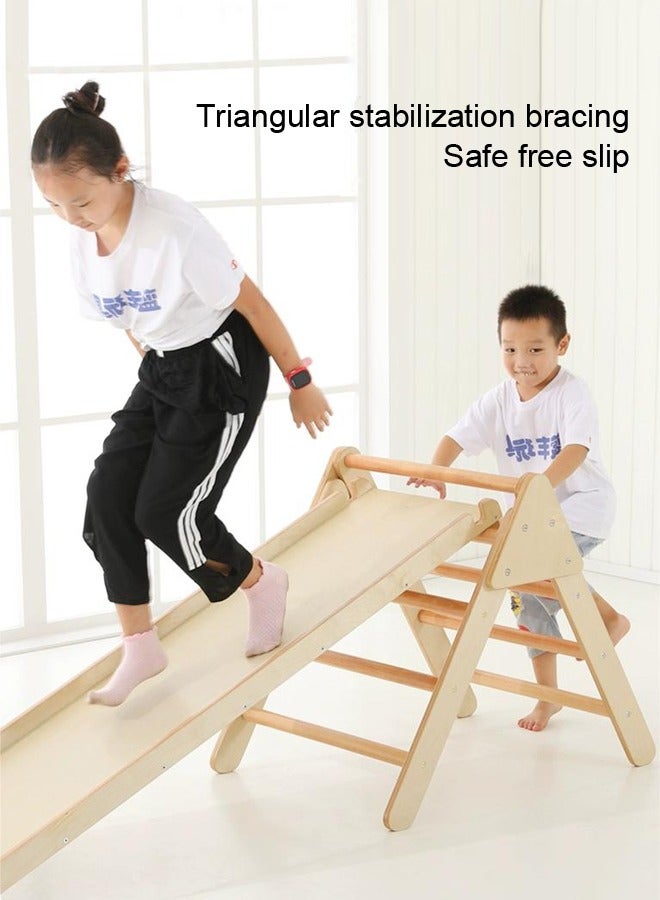 Kids Foldable Slide Natural Wooden Triangle Climber With Ramp For Toddlers