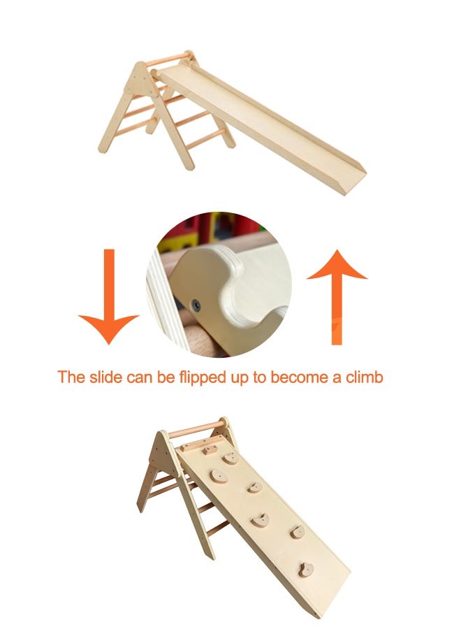 Kids Foldable Slide Natural Wooden Triangle Climber With Ramp For Toddlers