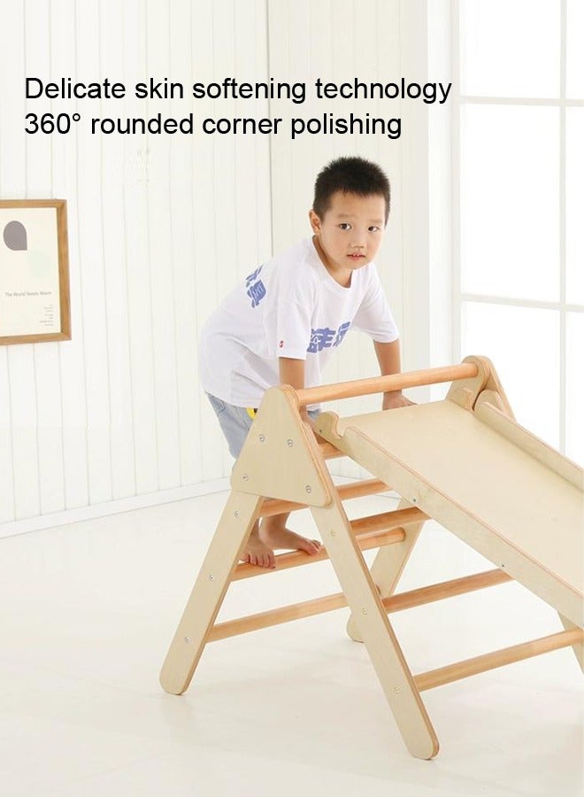 Kids Foldable Slide Natural Wooden Triangle Climber With Ramp For Toddlers