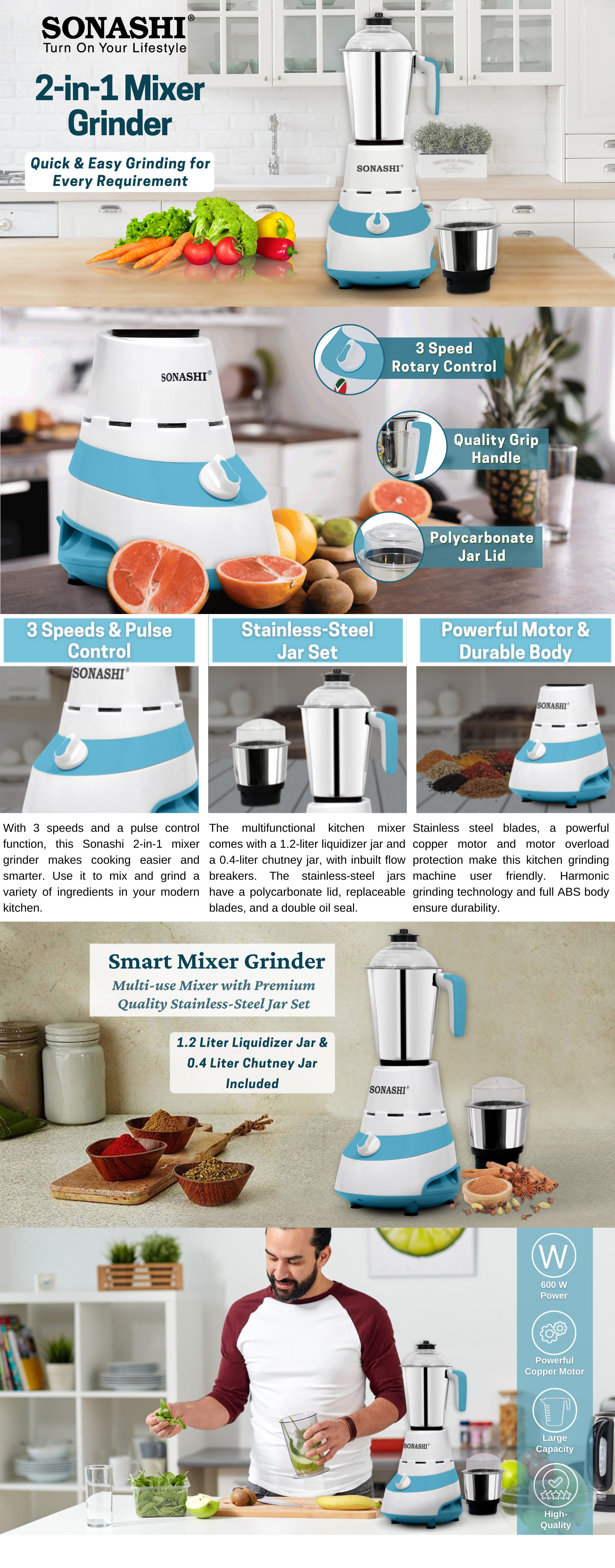 2-in-1 Mixer Grinder with Powerful Hybrid Motor - 3 Speed Control with Overheat Protection | 2 Stainless Steel Jars for Wet/Dry Grinding Liquidizing with Durable Lids 1.5 L 600 W SB-185 Blue