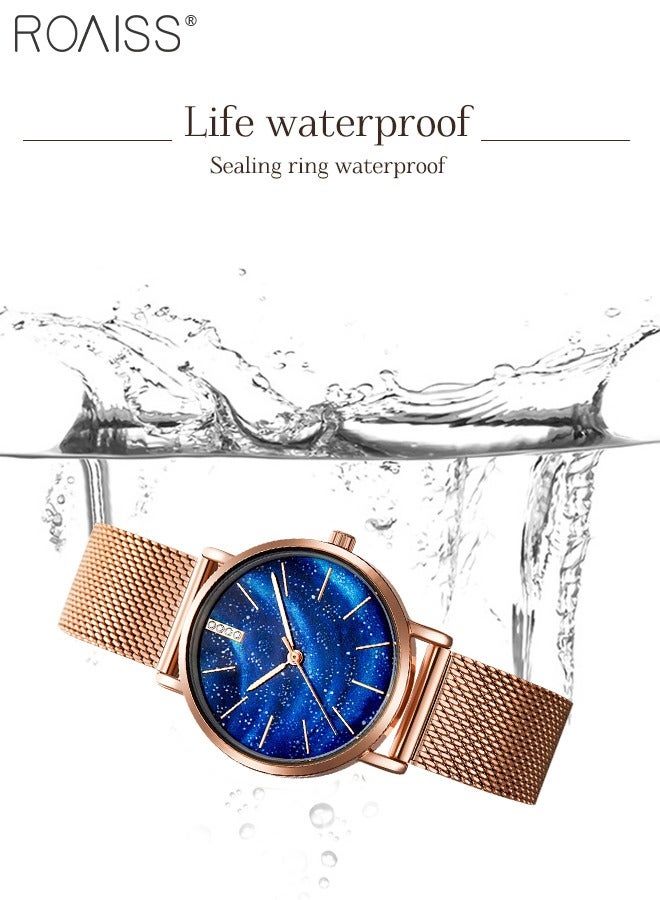 Women's Stainless Steel Mesh Strap Quartz Watch Analog Display Round Blue Aurora Starry Sky Dial Waterproof Elegant Wristwatch as Gift for Ladies