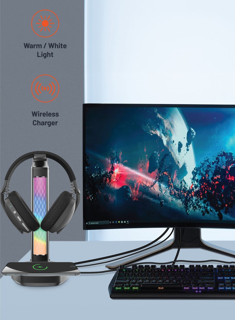 Porodo Gaming RGB Headphone Stand, Wireless Charging & USB-C Hub with Screen Lamp 5W-Black