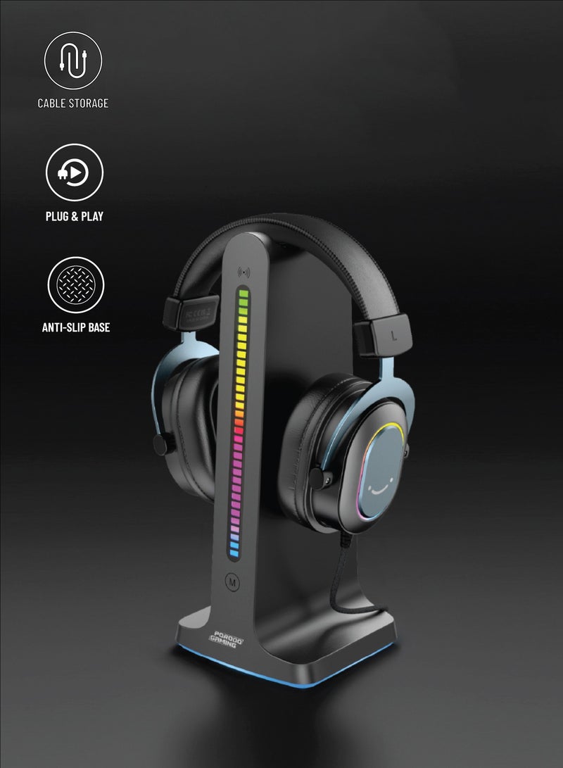 Porodo Gaming RGB Dynamic Sound Lighting Headphone Stand with Cable Storage 300mAh - Black