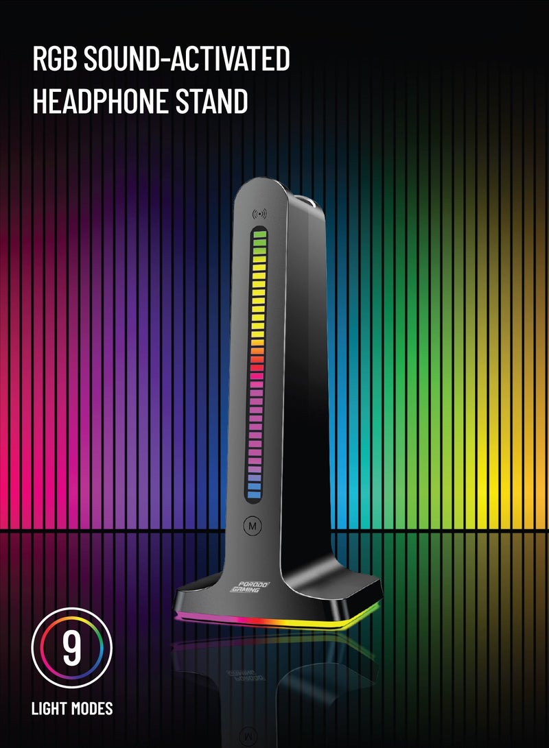 Porodo Gaming RGB Dynamic Sound Lighting Headphone Stand with Cable Storage 300mAh - Black