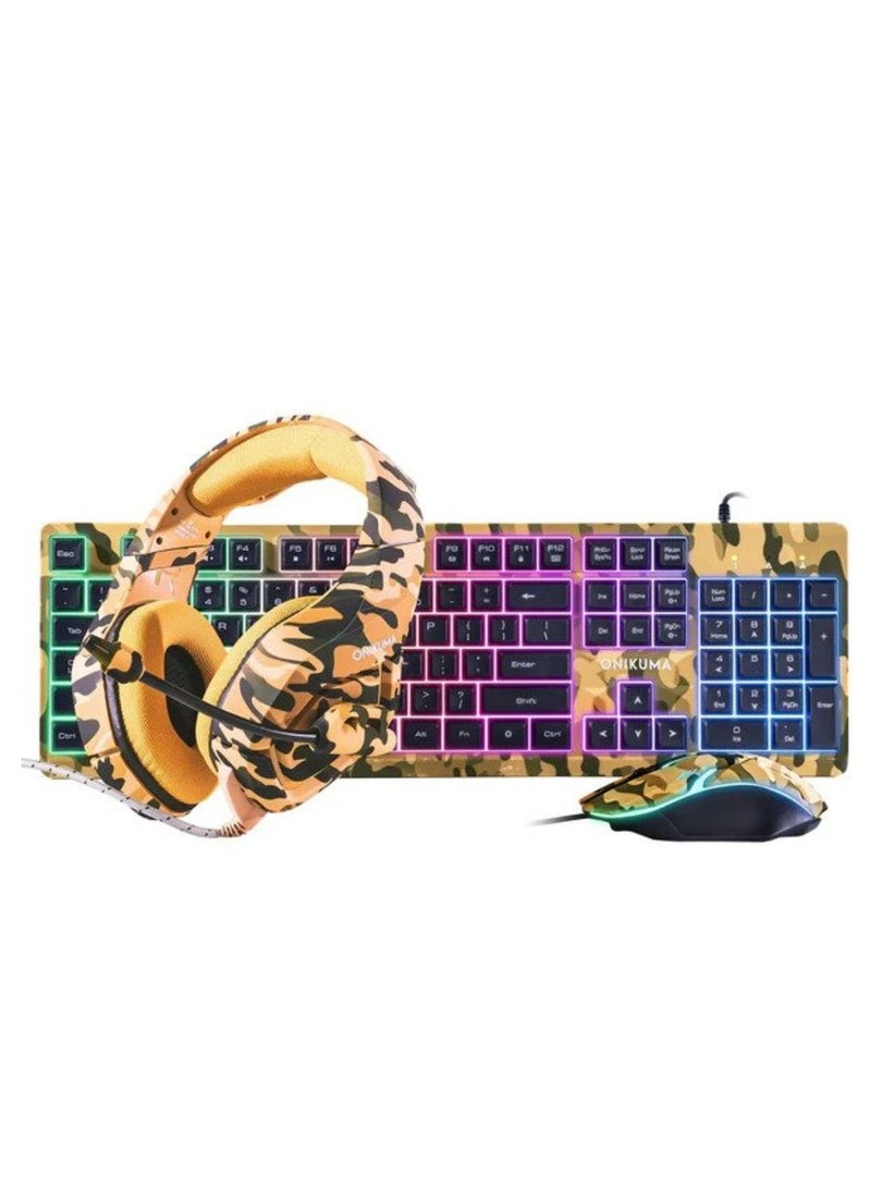 Onikuma TZ3001 3-in-1 RGB Wired Keyboard/ Mouse/ Headset Gaming Combo (Camo Yellow)