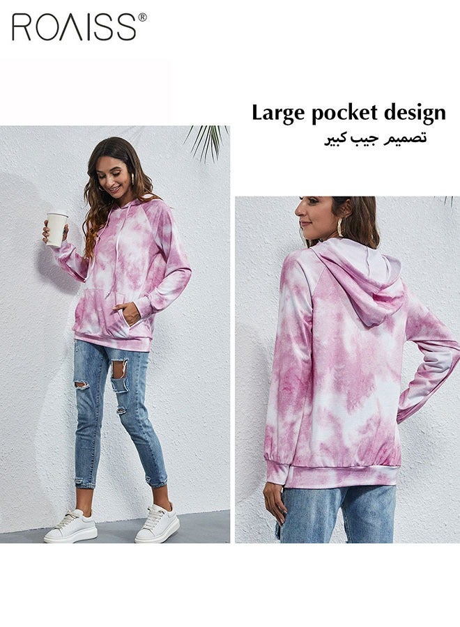 Women'S Casual Tie Dye Hoodie Hat Drawstring Design Top Loose Pocket Pullover