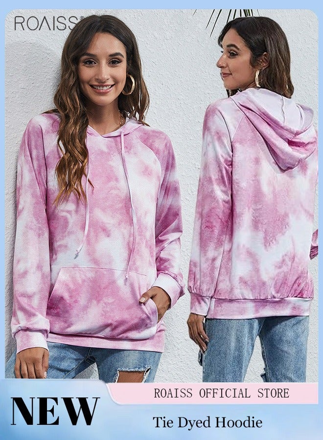 Women'S Casual Tie Dye Hoodie Hat Drawstring Design Top Loose Pocket Pullover