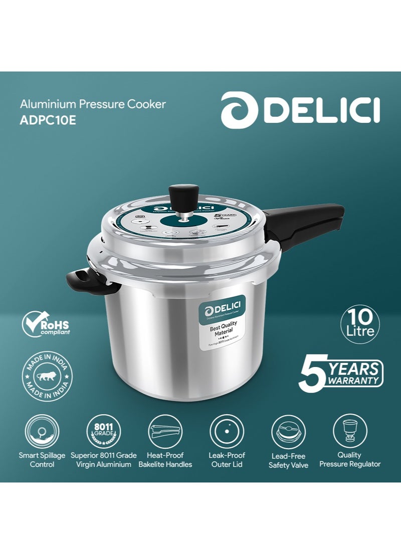 Dripless 10-Litre Pressure Cooker (ADPC10E) - Premium Virgin Aluminium, Smart Spillage Control, High Thermal Heating, Quality Regulator, Leak-Free Lid, Heat-Proof Handle, Anti-Bulging Bottom