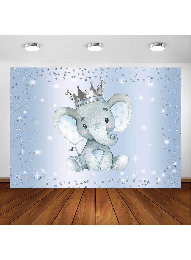 Boy Elephant Backdrop For Baby Shower Party Photography Background Blue And Silver Glitter Dots Crown Prince Elephant Baby Shower Decorations Backdrops For Photoshoot (7X5Ft)
