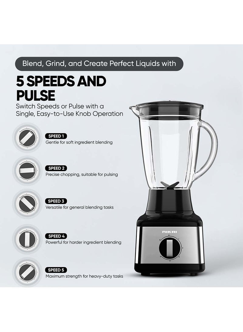 3 In 1 Blender With  Power, Stainless Steel Blades, Multifunctional Grinder, Glass And Plastic Jugs, 5 Speeds + Pulse, Perfect For Dry And Wet Fine Grinding, Mixing And Juicing 500 W NB3900GEB Black/Clear/Silver