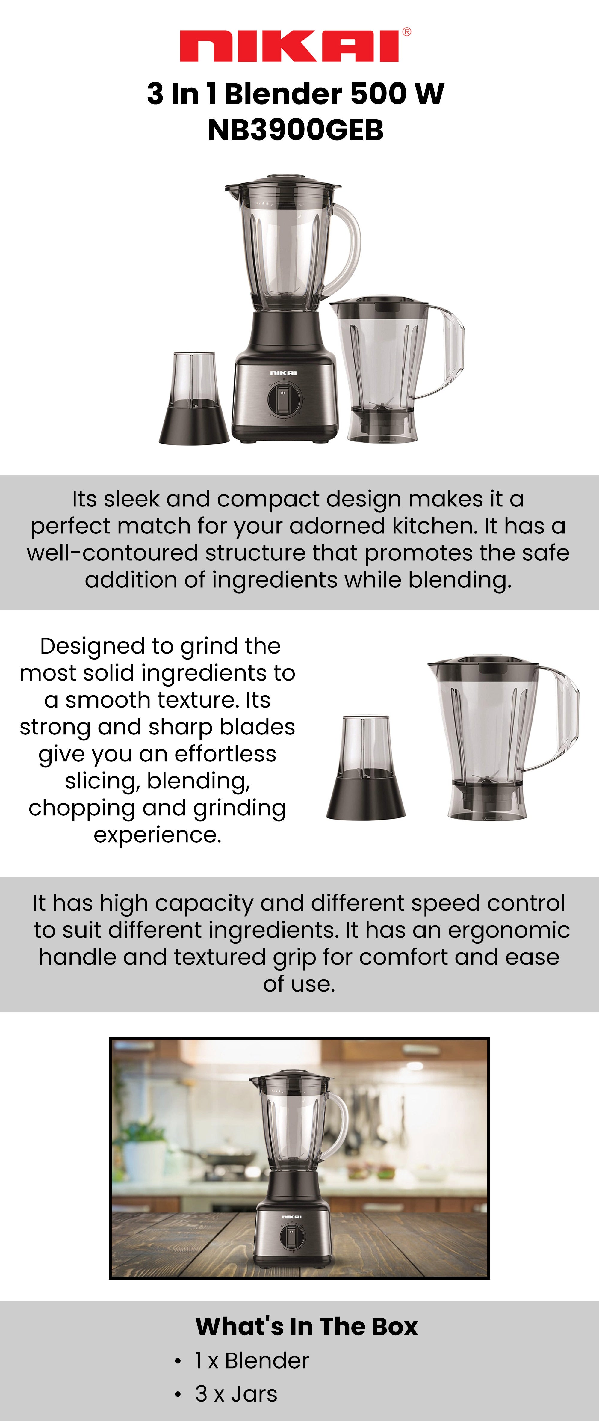 3 In 1 Blender With  Power, Stainless Steel Blades, Multifunctional Grinder, Glass And Plastic Jugs, 5 Speeds + Pulse, Perfect For Dry And Wet Fine Grinding, Mixing And Juicing 500 W NB3900GEB Black/Clear/Silver