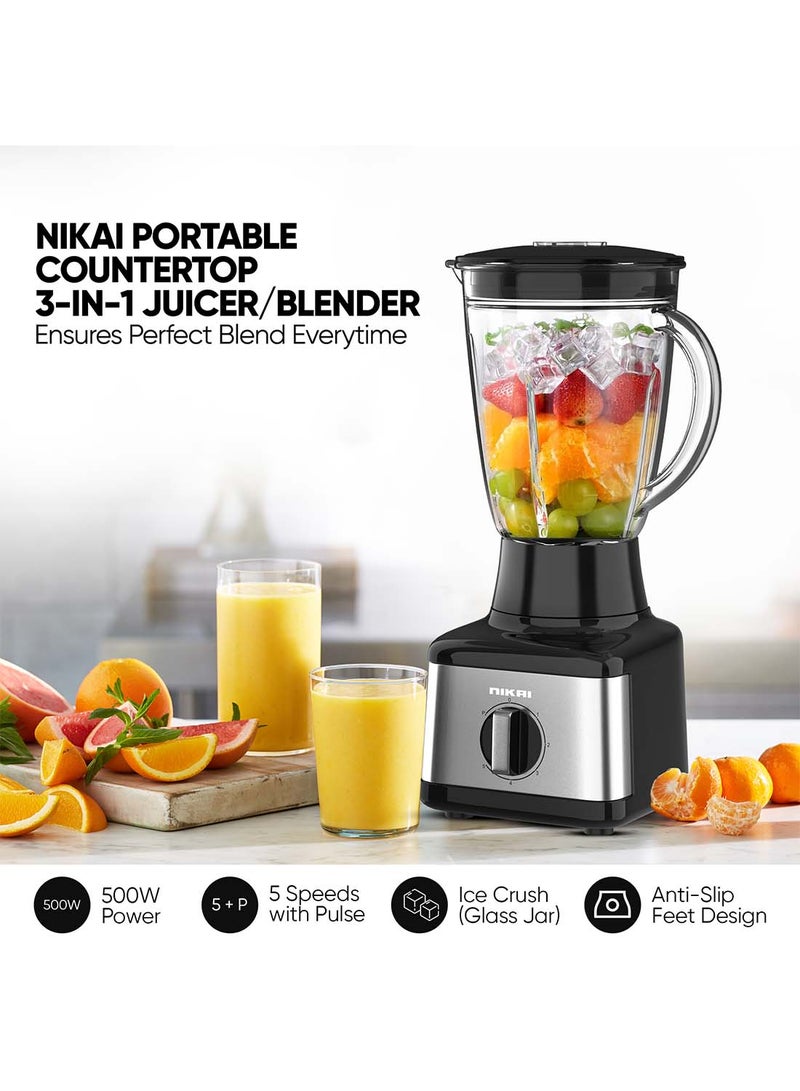 3 In 1 Blender With  Power, Stainless Steel Blades, Multifunctional Grinder, Glass And Plastic Jugs, 5 Speeds + Pulse, Perfect For Dry And Wet Fine Grinding, Mixing And Juicing 500 W NB3900GEB Black/Clear/Silver