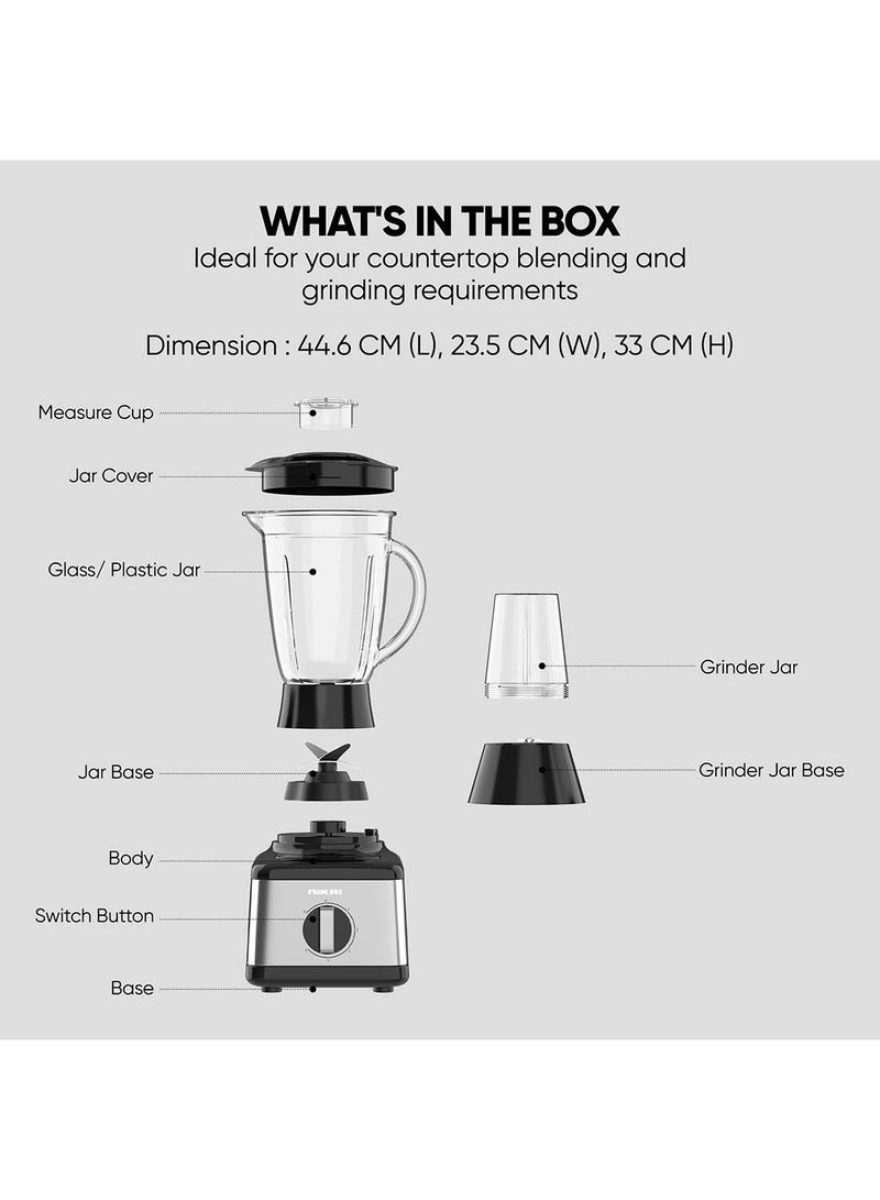 3 In 1 Blender With  Power, Stainless Steel Blades, Multifunctional Grinder, Glass And Plastic Jugs, 5 Speeds + Pulse, Perfect For Dry And Wet Fine Grinding, Mixing And Juicing 500 W NB3900GEB Black/Clear/Silver