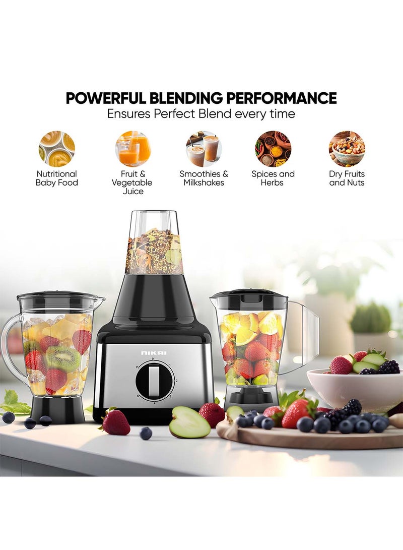 3 In 1 Blender With  Power, Stainless Steel Blades, Multifunctional Grinder, Glass And Plastic Jugs, 5 Speeds + Pulse, Perfect For Dry And Wet Fine Grinding, Mixing And Juicing 500 W NB3900GEB Black/Clear/Silver