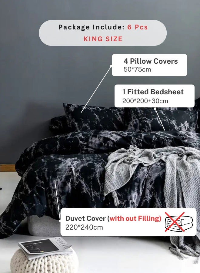 King Size 6 Piece Marble Pattern Duvet Cover Set Black Bedding Set