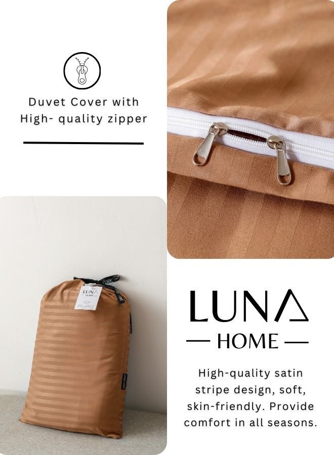 Premium King Size 6 Pieces Bedding Set without filler Solid Brown Tan Color, Satin Stripe Design.